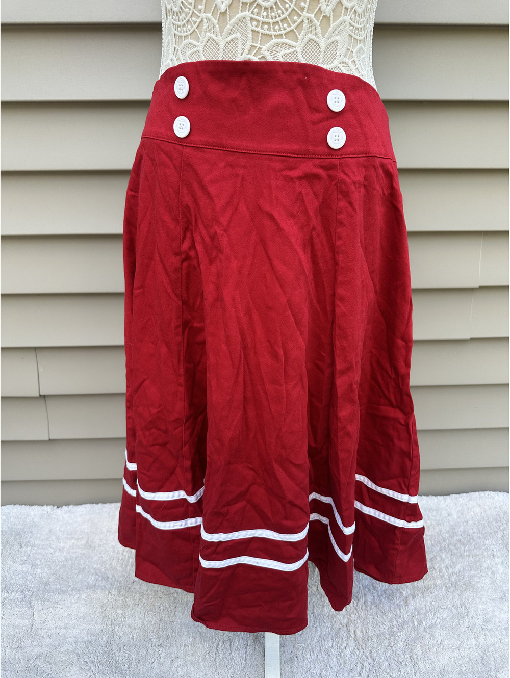 Torrid Vintage Inspired Red A Line Skirt with Nautical White Button and Stripe